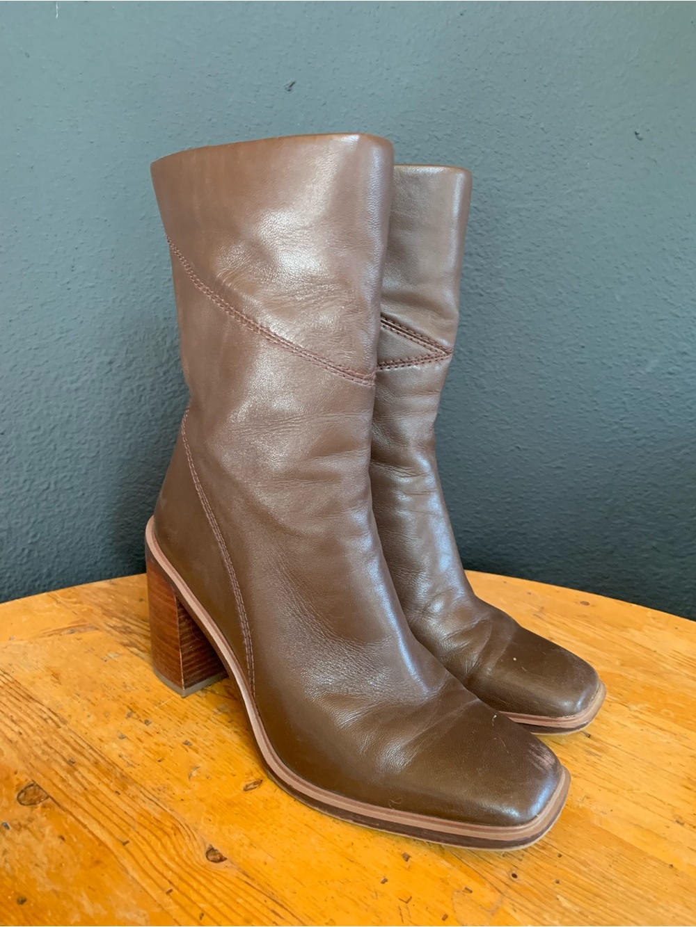 Franco Sarto Brown Leather Mid-Calf Block Heel Boots